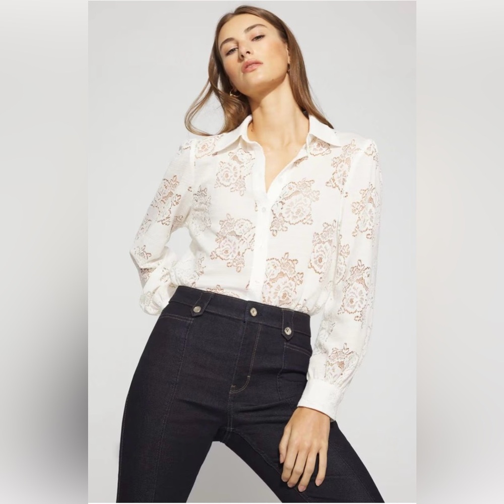 NWT L White House Black Market White Lace Button Down Shirt with Scalloped Hem